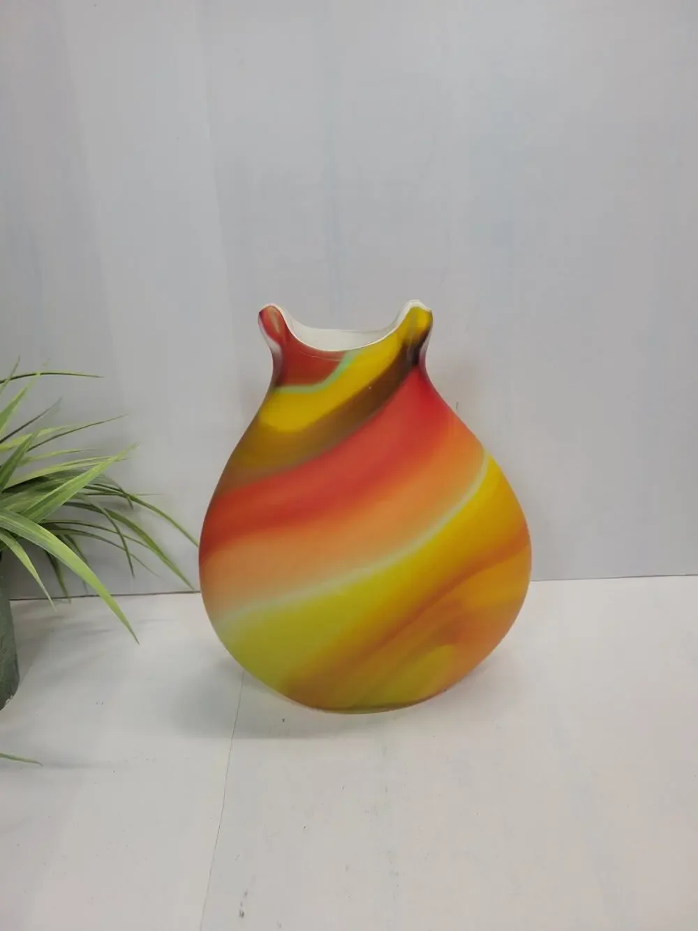 Vintage Azerbaijan Art Glass Vase Yellow Orange Red Satin Swirl Baijan Pinch Top